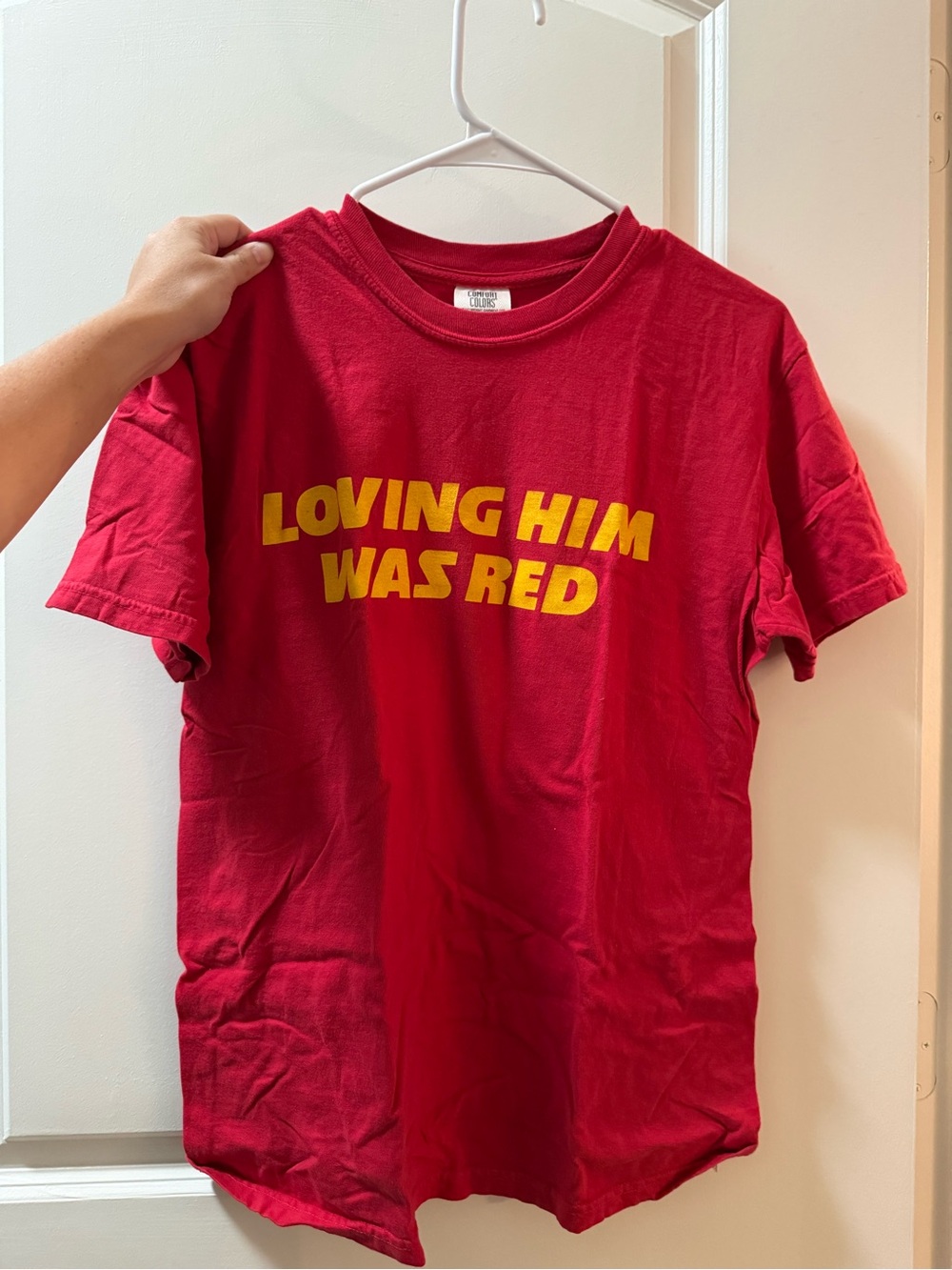 Comfort Colors Red Short Sleeve Tee with Yellow 'Loving Him Was Red' Graphic